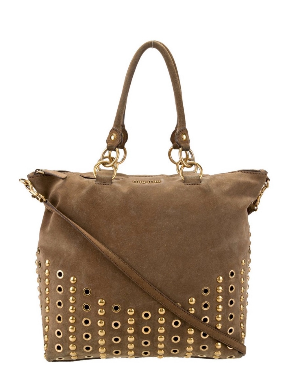 Miu Miu Brown Suede Studded Tote with Gold Hardware